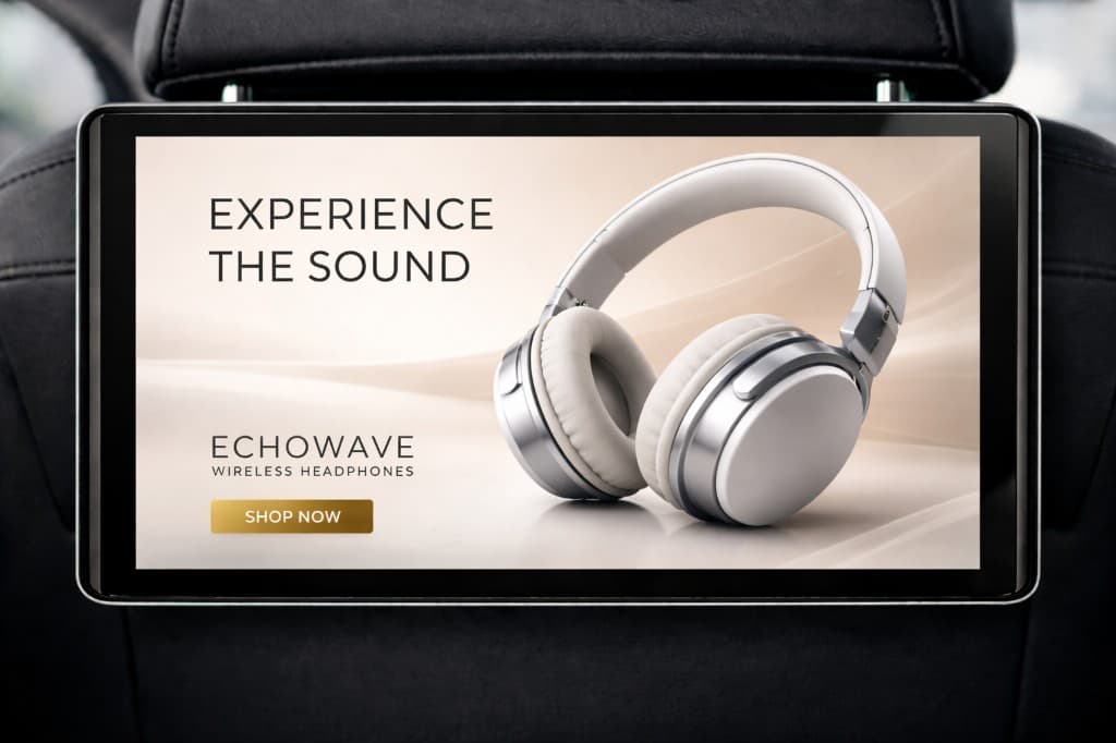 Kreativ annonse på skjerm i taxi