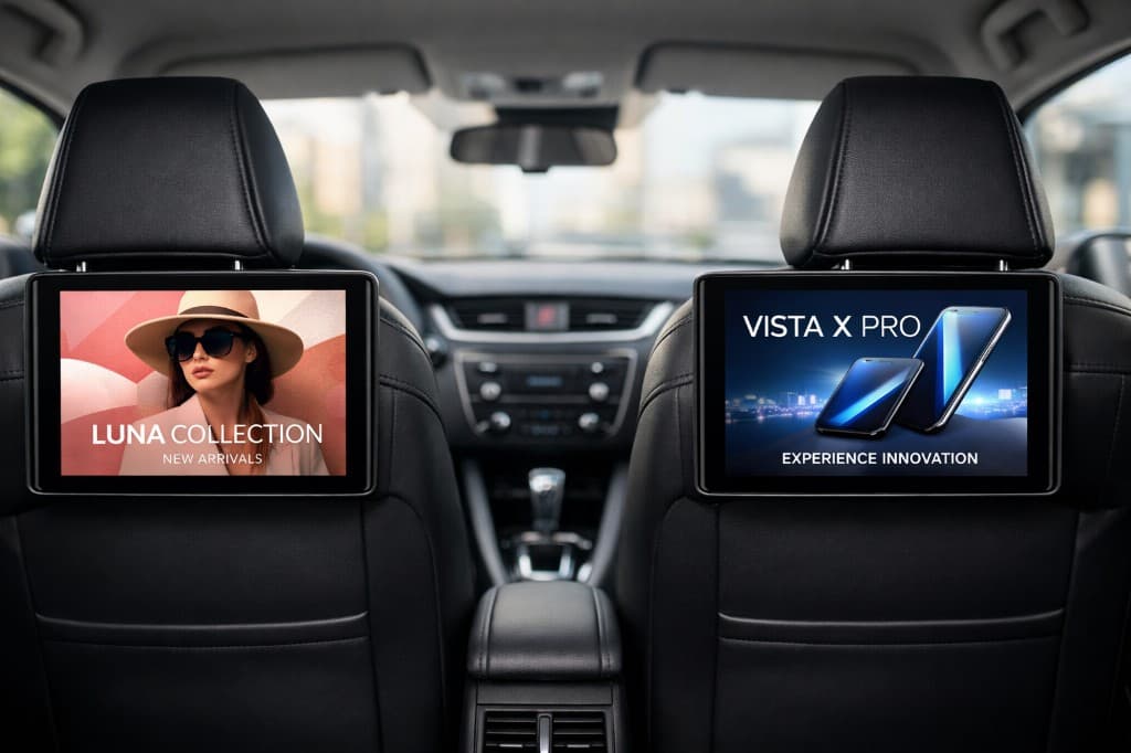 To nettbrett på taxiseterygg med annonseinnhold