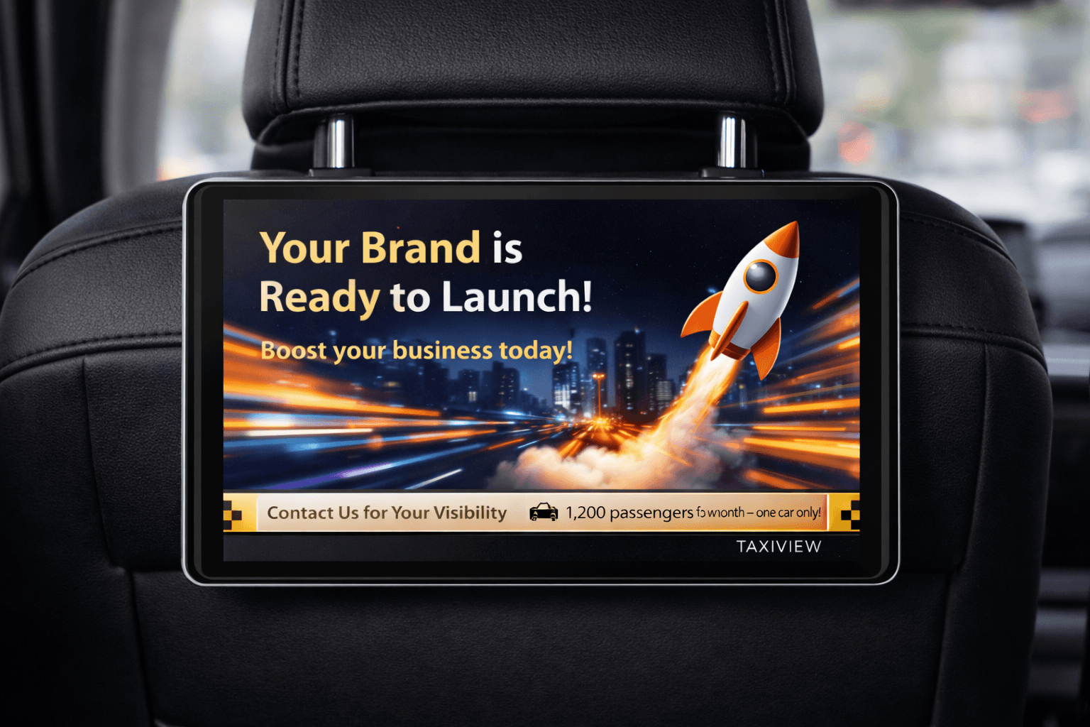 Seterygg-nettbrett med lanseringskampanje og budskap om synlighet i taxi