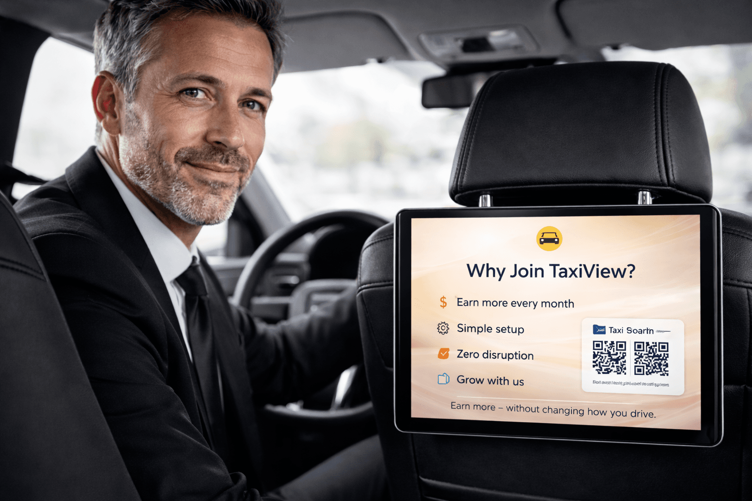 Taxisjåfør og TaxiView-partnerskap med nettbrett i bilen